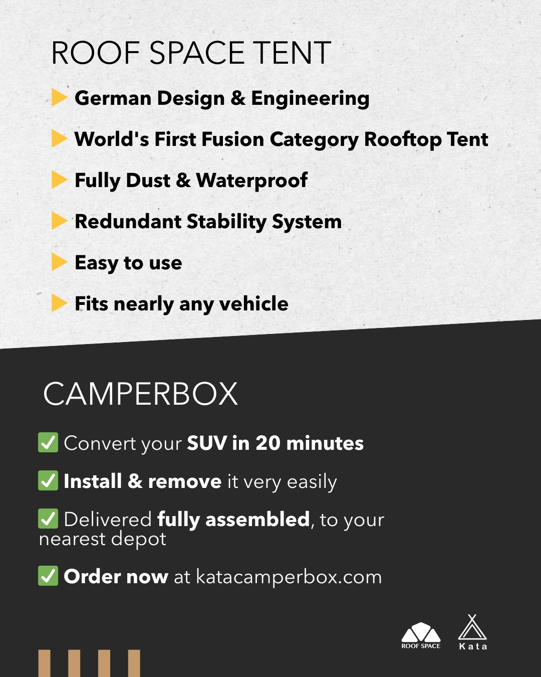 Limited Time Bundled Promo 🔥⛺️This one’s for the true explorers 😎 @roofspacetentsaustralia
Buying of a Roof Space Tent Get your Kata Camperbox Kit for FREE 🙌🏻.
Save up to $1.300! All-in-one. Adventure-ready.
Only 5 units available — don’t sleep on it (unless it’s on your new roof 😉).
👉 Get your Roofspace 2 + Camperbox promo today at katacamperbox.com
#camperbox #katacamperbox #roofspaceaustralia #vanbuild #australiavanlife #camperlife #nomadlife #VanLife #fullconversion #vanconversion #vanlifevirals #campervanconversion #suvconversion #offgrid #outdoorliving #roadtrip #roofspace2 #roofspace #RooftopTentAustralia #RooftopTent #OverlandingAustralia #CampingAustralia #AussieOverlanding #4x4Australia #AdventureCamping #TentLife #ExploreAustralia #offroadcamping